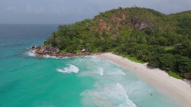 Aerial view of Anse Georgette beach in Grand Anse Seychelles.