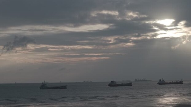 Aerial view of cargo ships at Parki Beach Bangladesh.