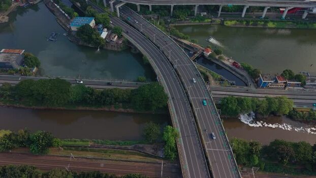 Aerial view of highway bridge over river in Jakarta Indonesia.