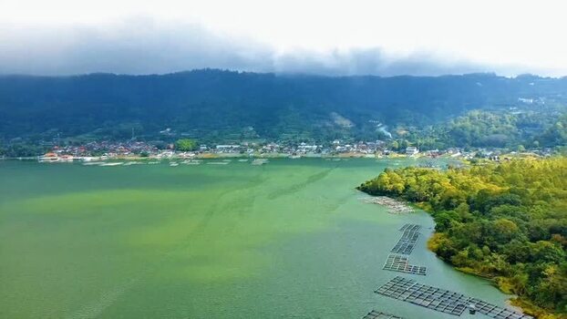 Aerial view of Danau Batur and surrounding mountains Indonesia.