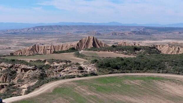 Aerial view of Bardenas Reales desert landscape in Navarre Spain.