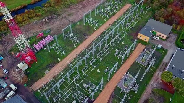 Aerial view of electrical substation in Latvia.