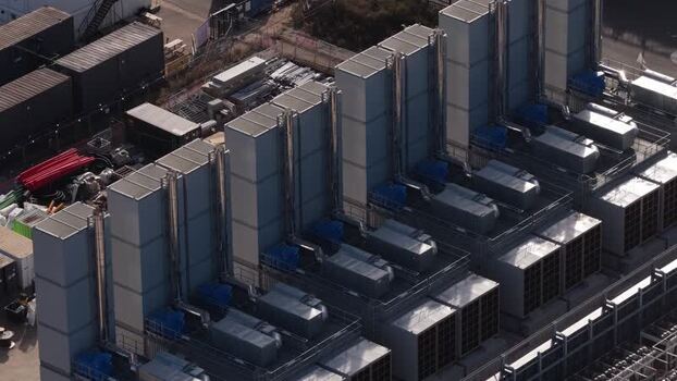 Aerial view of Kao Data cooling infrastructure in United Kingdom.