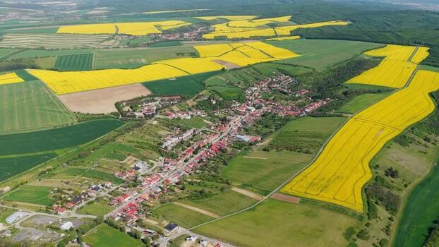 Aerial view of a village and yellow rapeseed fields Czechia.