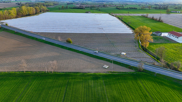 Aerial view of polytunnel fruit growing structures covering fields in the Po Valley surrounded by green farmland and a road in Fiorenzuola d Arda Emilia Romagna Italy. Aerial view of polytunnel fruit growing structures covering fields in the Po Valley surrounded by green farmland and a road in Fiorenzuola d Arda Emilia Romagna Italy.