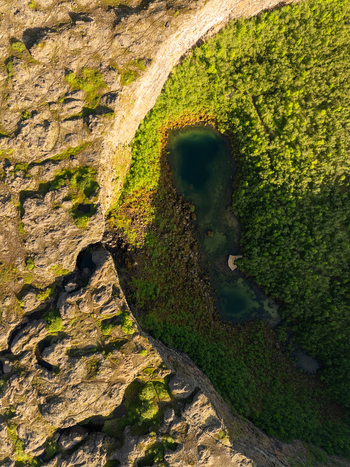 Aerial view of the horseshoe shaped Asbyrgi canyon with its dramatic rock cliffs lush green forest and the tranquil Botnstjorn pond in Nordurthing Iceland.