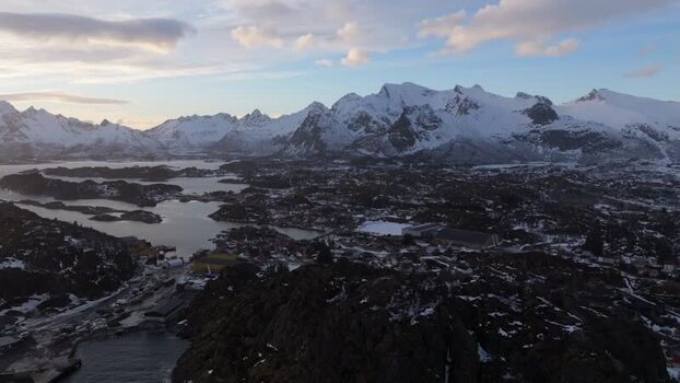 Aerial view of Lofoten mountains and coastline in Norway.