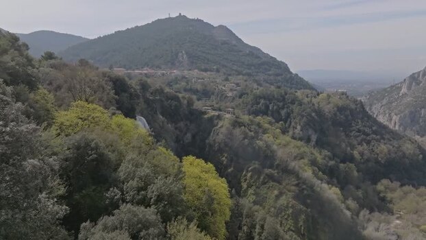 Aerial view of Marmore Falls in the lush hills of Terni Italy.