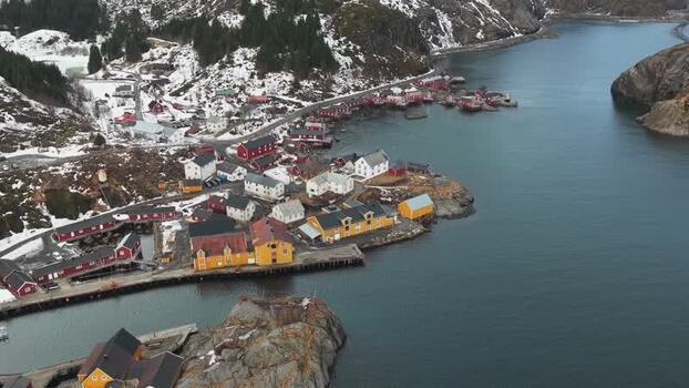 Aerial view of Nusfjord Fishing Village Norway.