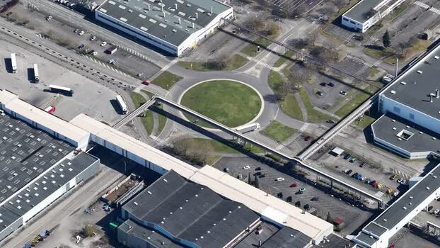 Aerial view of industrial buildings and parking France.