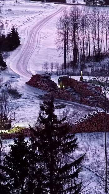 Aerial view of logging site in snowy forest Latvia.
