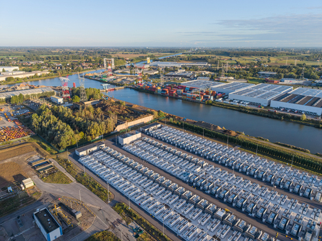 Aerial view of the Cargovil battery energy storage system featuring rows of battery containers industrial warehouses and power infrastructure in Vilvoorde Vlaanderen Belgium. Aerial view of the Cargovil battery energy storage system featuring rows of battery containers industrial warehouses and power infrastructure in Vilvoorde Vlaanderen Belgium.