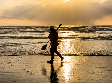 View of a person in silhouette carrying a paddle along the shoreline of Strand Wijk aan Zee during a golden sunset Wijk aan Zee North Holland Netherlands. View of a person in silhouette carrying a paddle along the shoreline of Strand Wijk aan Zee during a golden sunset Wijk aan Zee North Holland Netherlands.