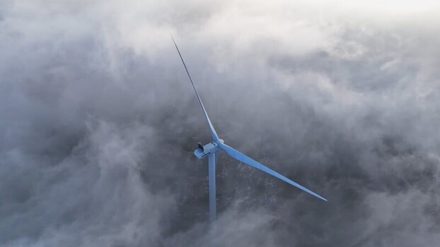 Aerial view of Windpark Freilanderalm 2 wind turbine Austria.
