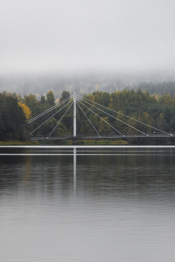 View of a modern cable stayed bridge spanning a calm lake surrounded by autumn colored trees under a misty sky in Jyvaskyla Central Finland Finland.