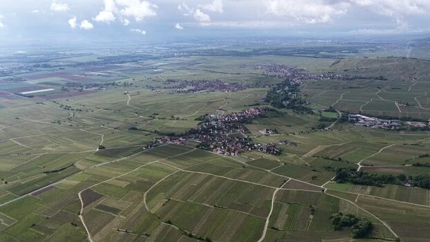 Aerial view of vineyards and the town of Ribeauville France. Aerial view of vineyards and the town of Ribeauville France.