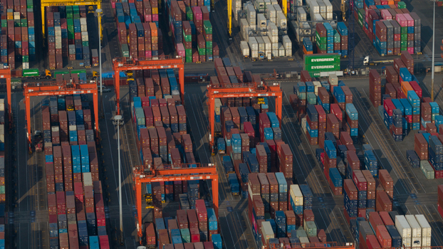 Si Racha District Thailand 08 March 2026 Aerial view of the Laem Chabang International Terminal with rows of colorful shipping containers and orange gantry cranes. Si Racha District Thailand 08 March 2026 Aerial view of the Laem Chabang International Terminal with rows of colorful shipping containers and orange gantry cranes.