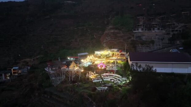 Aerial view of Dieng Plateau at night Indonesia.