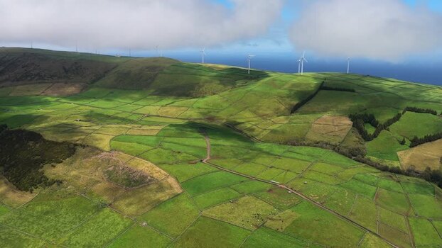 Aerial view of wind turbines on Terceira Island Portugal.