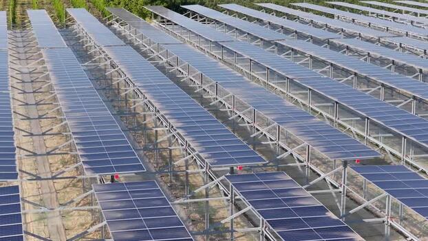 Aerial view of agrivoltaic system in Faenza Italy.