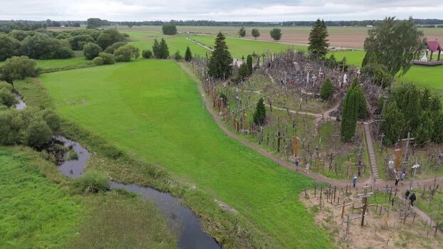 Aerial view of Hill of Crosses in Jurgaiciai Lithuania.