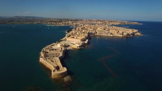 Aerial view of Ortigia and Castello Maniace in Sicily Italy.