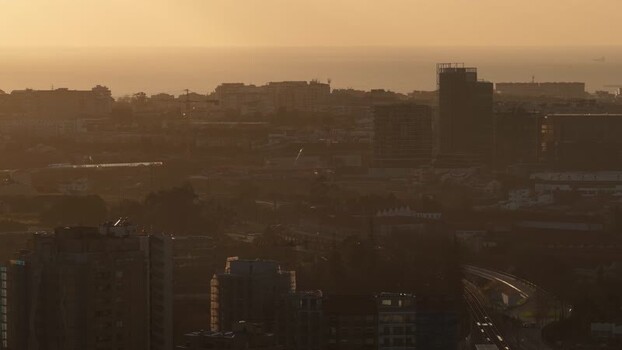 Aerial view of city buildings at sunset Portugal.
