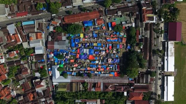 Aerial view of Bonyokan Pasar Legi market stalls Indonesia.