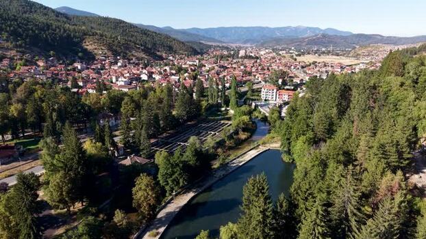 Aerial view of Velingrad town and surrounding forest Bulgaria.