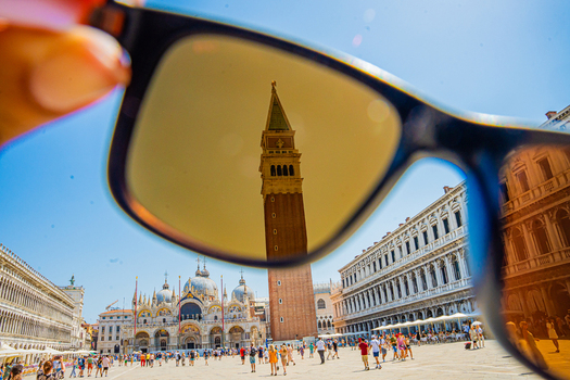 Venice Italy 29 March 2026 View of St. Mark s Square framed through sunglasses where the Campanile di San Marco reflects in the lenses against the vibrant blue sky. Venice Italy 29 March 2026 View of St. Mark s Square framed through sunglasses where the Campanile di San Marco reflects in the lenses against the vibrant blue sky.