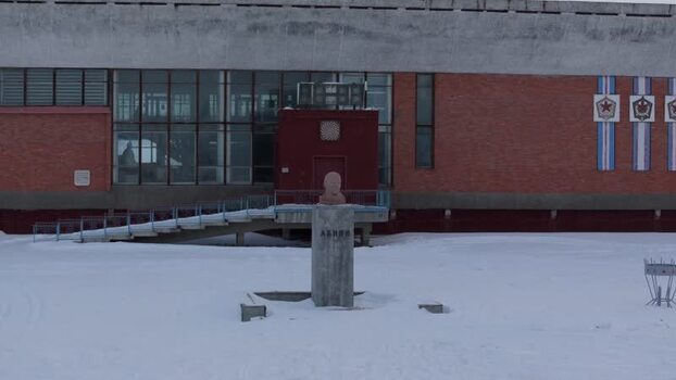 Aerial view of Lenin bust in Pyramiden Svalbard and Jan Mayen.