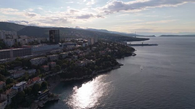 Aerial view of Rijeka coastline and urban buildings Croatia.