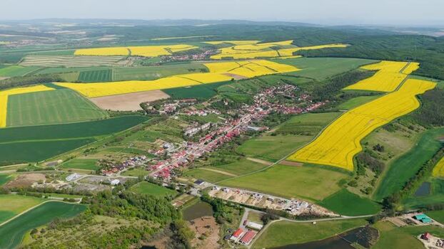 Aerial view of a village and yellow rapeseed fields Czechia.