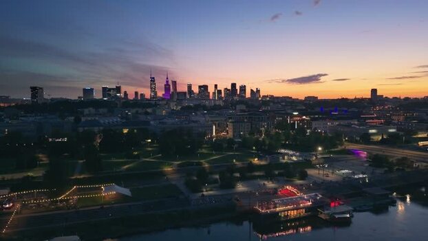 Aerial view of the Warsaw skyline at sunset in Poland.