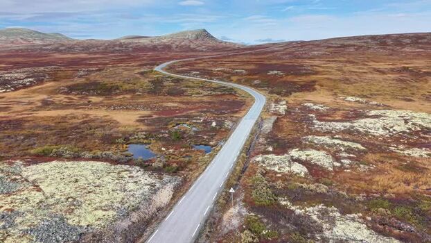 Aerial view of winding road on Ringebufjellet Norway.