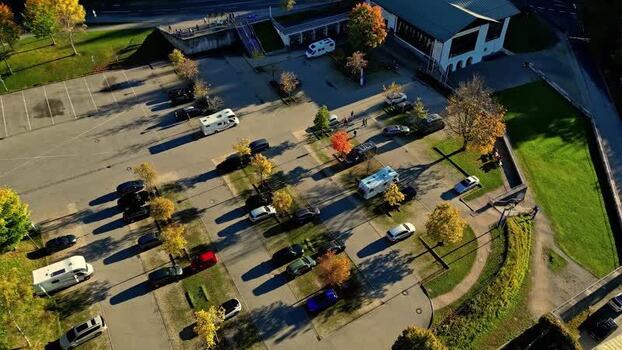 Aerial view of parking lot near Attersee Austria.