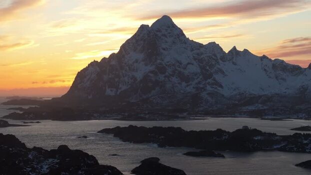 Aerial view of Lofoten mountains at sunset Norway.