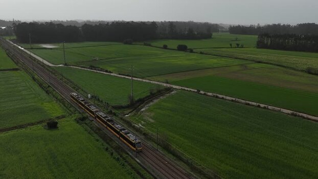 Aerial view of subway in green fields Portugal.