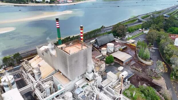 Aerial view of the Ence pulp mill and industrial plant Spain. Aerial view of the Ence pulp mill and industrial plant Spain.