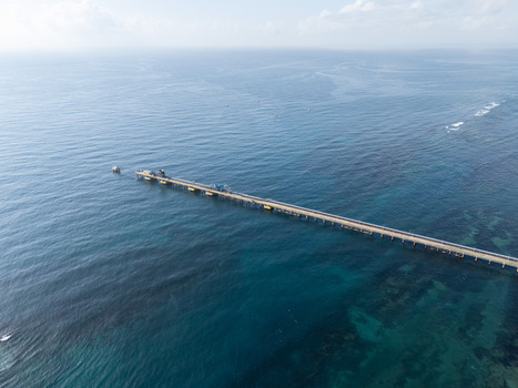 Aerial view of a long industrial pier extending into the deep blue Caribbean Sea with clear water visible beneath the surface in Bajos de Haina San Cristobal Province Dominican Republic.