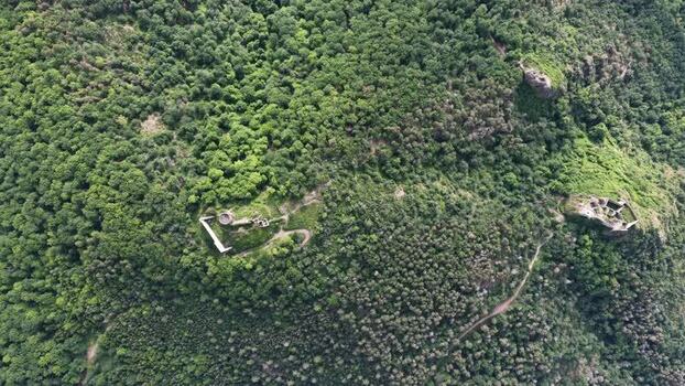 Aerial view of medieval castle ruins in a dense forest France. Aerial view of medieval castle ruins in a dense forest France.