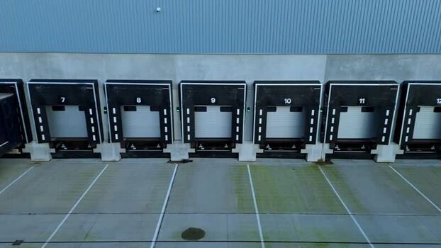 Aerial view of loading bay doors numbered 9 to 14 United Kingdom.