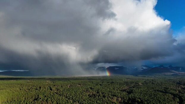 Aerial view of a rainbow over Cairngorms National Park United Kingdom.