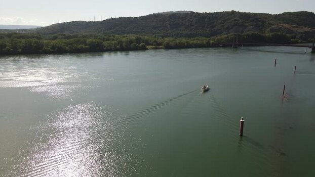 Aerial view of a boat on the Loire river in Nevers France. Aerial view of a boat on the Loire river in Nevers France.