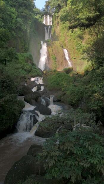 Aerial view of Curug Telu waterfall in Central Java Indonesia.