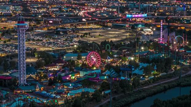 Aerial view of Elitch Gardens amusement park at night United States. Aerial view of Elitch Gardens amusement park at night United States.