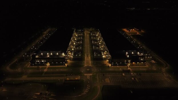 Aerial view of data center at night Netherlands.