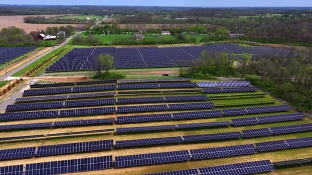 Aerial view of solar panel array United States.