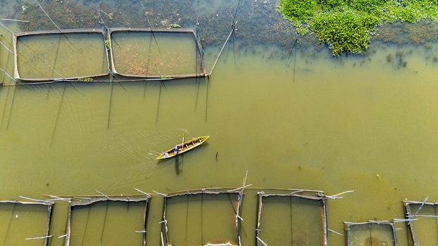 Aerial view of a fisherman in a small wooden boat navigating through traditional fish farming cages on Lake Rawa Pening Waduk Rawapening Central Java Indonesia. Aerial view of a fisherman in a small wooden boat navigating through traditional fish farming cages on Lake Rawa Pening Waduk Rawapening Central Java Indonesia.