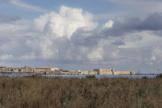 View of Castello Maniace and the historic skyline of Ortigia across the water with dry grass in the foreground and dramatic clouds Syracuse Sicily Italy.